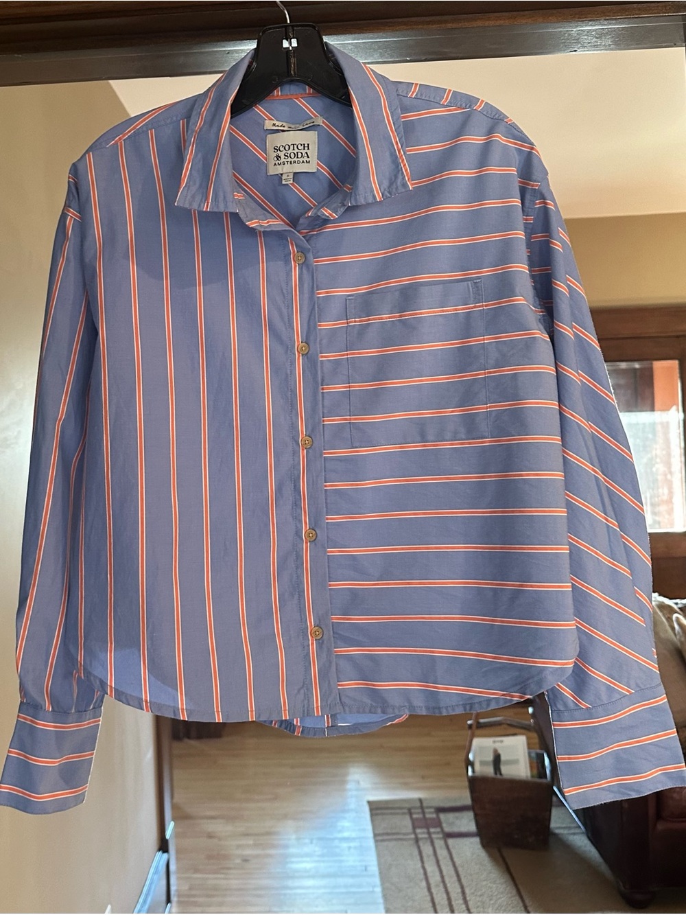 Scotch & Soda Amsterdam Mixed Stripe Cropped Button Down Blue & Orange, Small